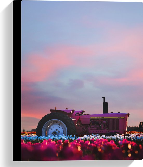 WallClassics - Toile - Tracteur rose dans un champ de fleurs - 30x40 cm Image sur toile (Décoration murale sur toile)