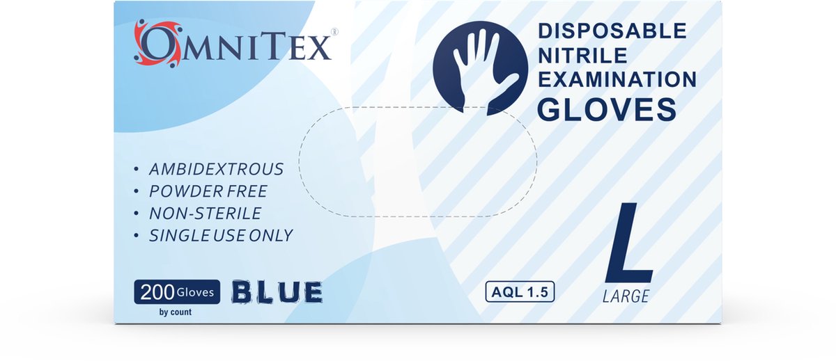 Goedkoopste Omnitex Premium 200st. Blauwe Nitrilhandschoenen | Maat L | Poedervrij | Latexvrij | Voedselveilig | EN455 EN374 EN420 | CE & UKCA Cat3-klasse