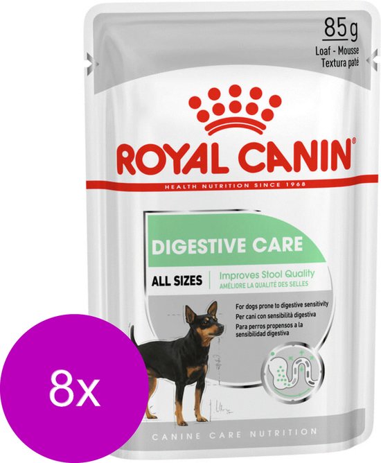 Royal Canin Digestive Care natvoer voor honden. Zakje van 85g met een hond erop.