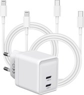 Prise de charge double USB-C avec 2x câble de charge iPhone - 1 mètre - Technologie GaN - Adaptateur 35W USB C - Charge Maximum - Convient pour Apple iPhone, iPad, MacBook, Watch, Airpods