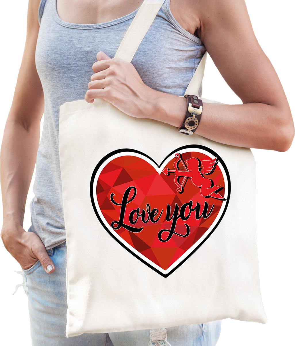 Bellatio Decorations Cadeau tasje valentijn - Love you - naturel wit katoen