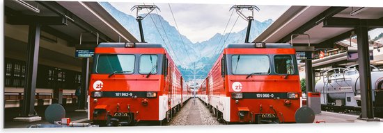 WallClassics - Dibond - Twee Treinen bij Station - 150x50 cm Foto op Aluminium (Met Ophangsysteem)