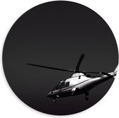 WallClassics - Dibond Muurcirkel - Vliegende Helikopter in Zwart Wit - 60x60 cm Foto op Aluminium Muurcirkel (met ophangsysteem)