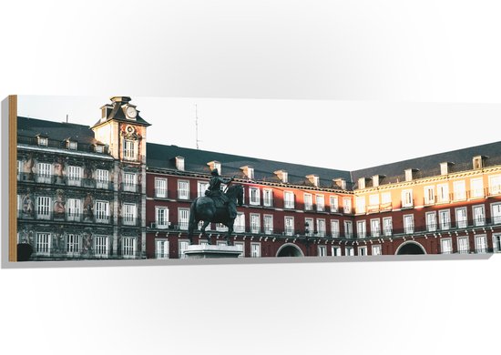 WallClassics - Hout - Plein in Madrid - Plaza Mayor - 120x40 cm - 9 mm dik - Foto op Hout (Met Ophangsysteem)