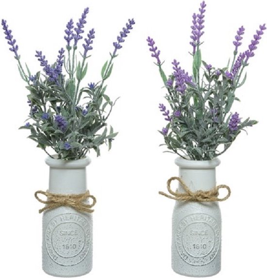 Set van 2x stuks paarse Lavendula/lavendel kunstplantjes 32 cm in witte pot