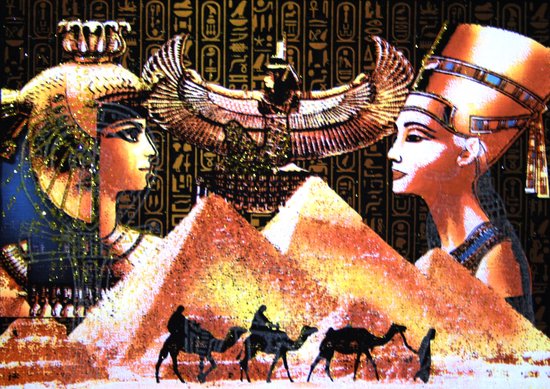 Egyptische papyrus met afbeelding van pyramiden en godinnen
