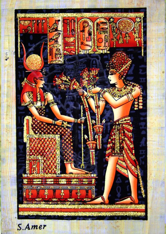 Egyptische papyrus met afbeelding van een koningin op de troon en een dienaar.