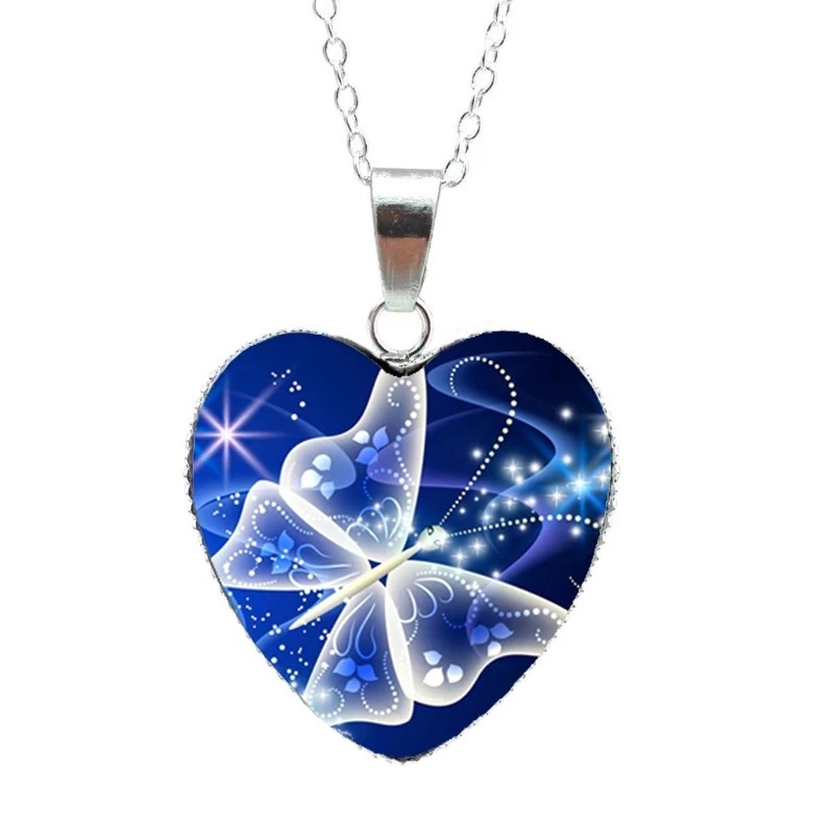 Verzilverde Bedel Vlinder | Hanger | Ketting Wit / Blauw | Hart Cadeau Sierraad