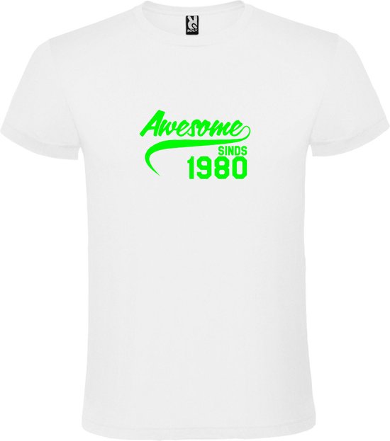 Wit T-Shirt met “Awesome sinds 1980 “ Afbeelding Neon Groen Size XXXXXL
