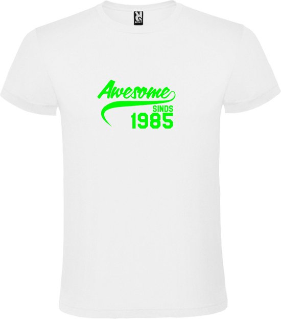 Wit T-Shirt met “Awesome sinds 1985 “ Afbeelding Neon Groen Size M