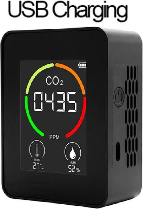 USB OPLADEN - Koolstofdioxide melder - Co2 meter & Hygrometer voor binnen - Luchtkwaliteitsmeter – thermometer- Draagbaar en oplaadbaar – Draadloos – NDIR sensor - Zwart