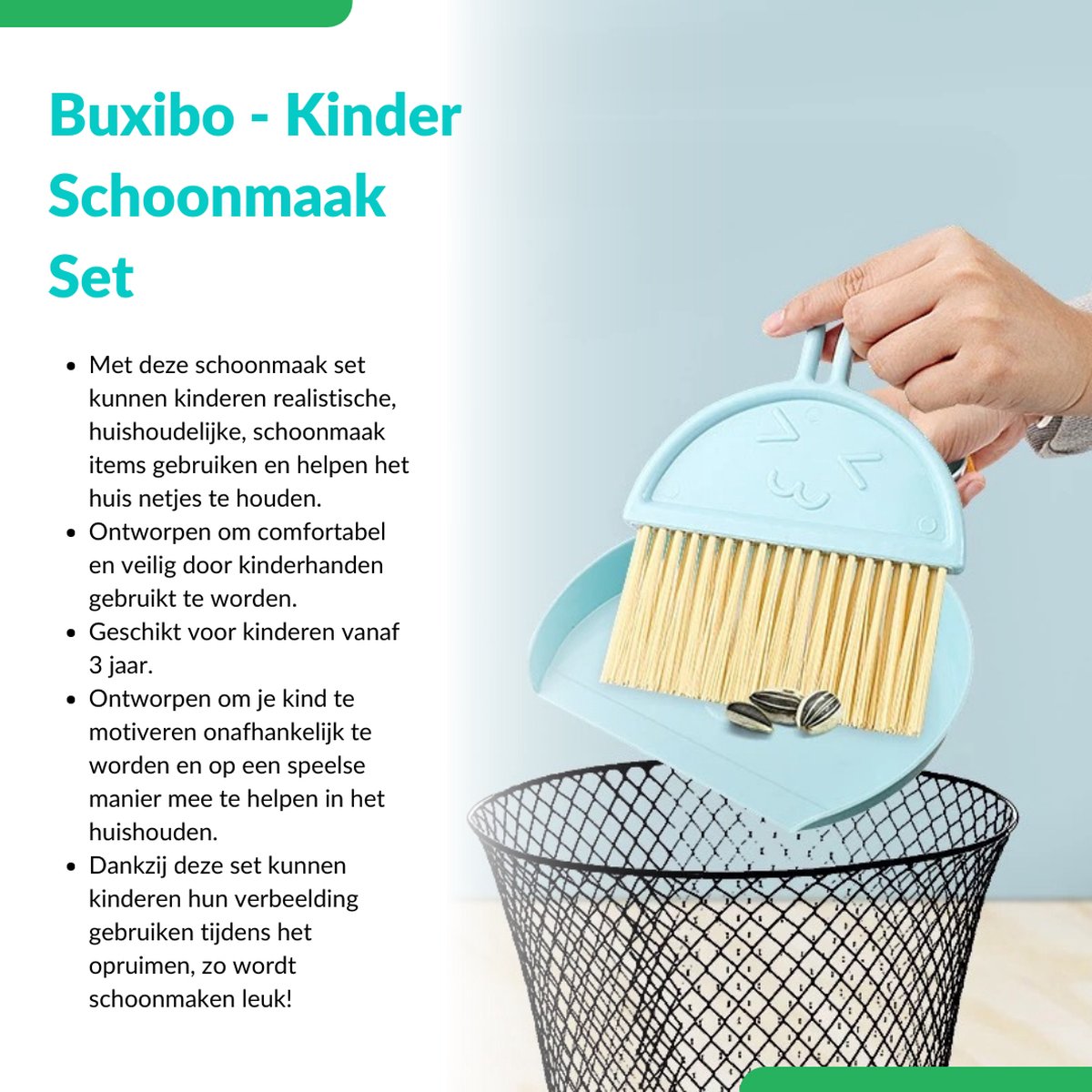 Buxibo Kinder Schoonmaak Set - Houten Huishoudelijke Gereedschap - Mini Bezem, Stoffer, Mop - Montessori Speelgoed - Multicolor — afbeelding 12