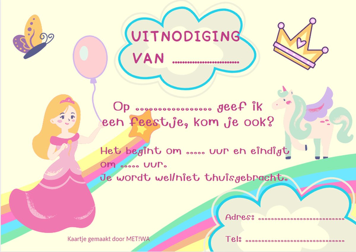 METIWA - Uitnodiging Kinderfeestje Prinses - 10 stuks - Uitnodigingskaarten - Uitnodiging Verjaardag - Uitnodiging Kinderfeestje Prinses - Uitnodiging Prinses