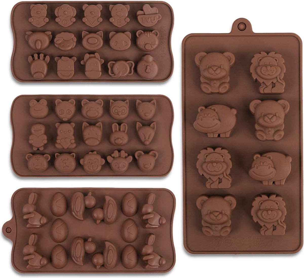 Cozihom Diverse dierlijke siliconen chocolade mallen, food grade siliconen mal voor chocolade, snoep, gelei, ijsblokjes. 4 stuks