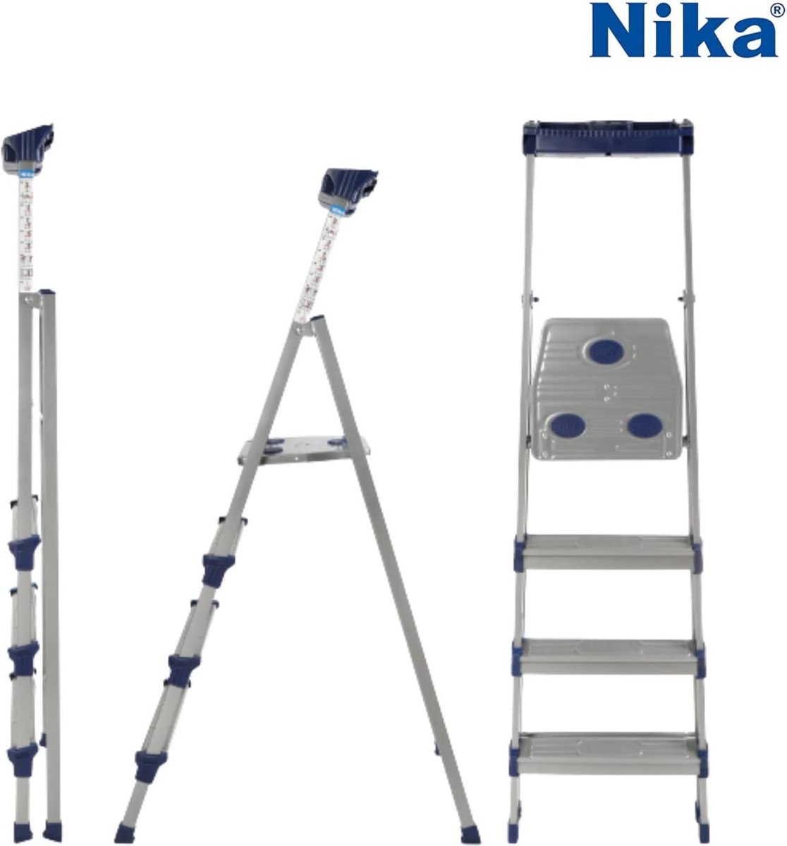 Nika Ladder 4 Treden | Aluminium | Gereedschapsbakje | Vouwladder | Antislip | Max. Statische Belasting 150 kg