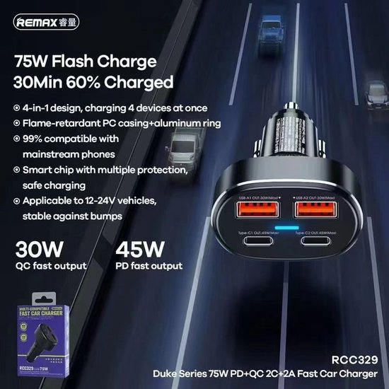 REMAX - autolader -DUKE 75W PD+QC 2C+2A RCC 329 FAST CHARGER autolader - Remax