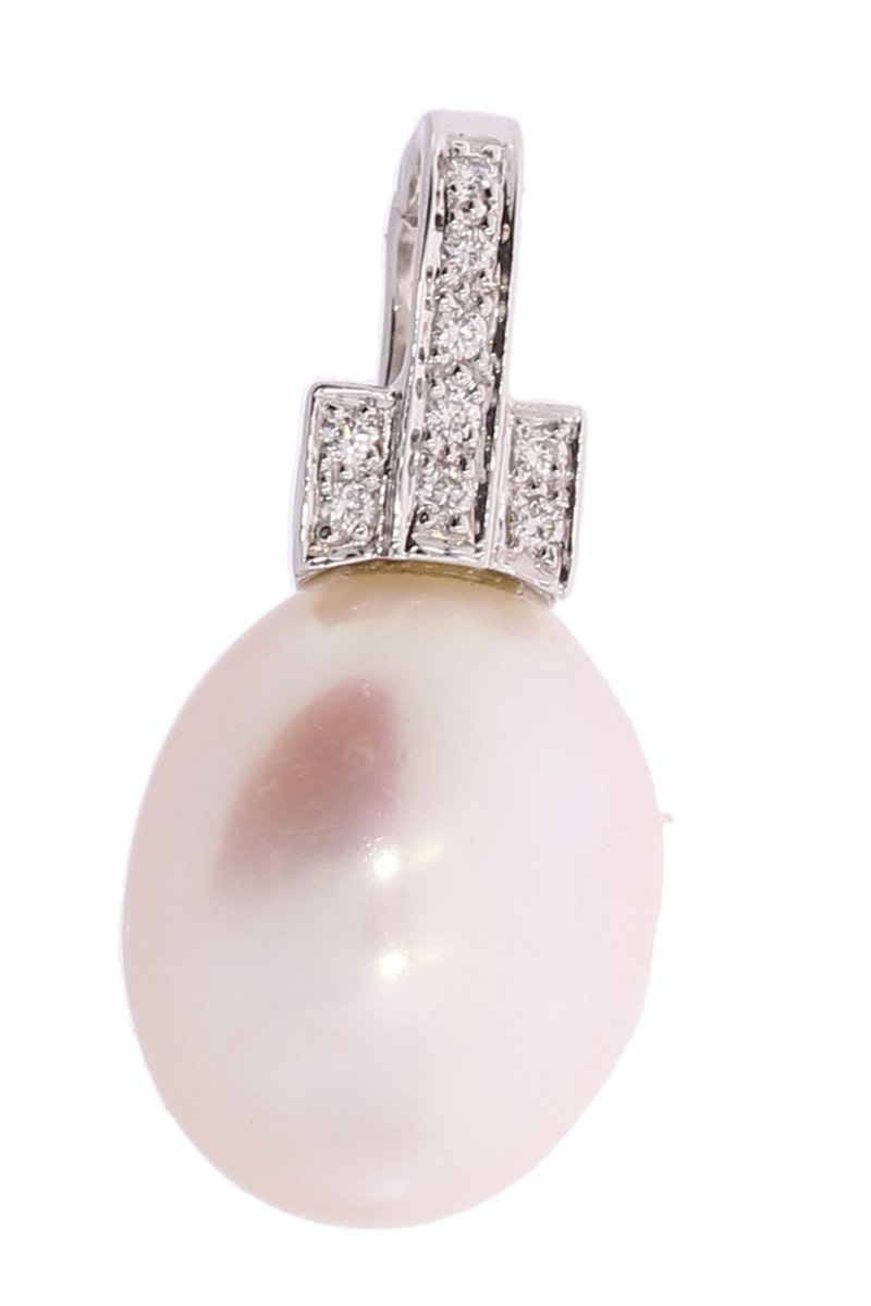 Witgouden cliphanger - 14 karaat - diamant 0.07 crt. - Barok parel - Gewicht 1.7 gram - Uitverkoop van € 654,= voor € 465,-