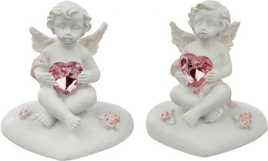 Set de 2 anges Angelots sur Coeur avec coeur rose dans les mains