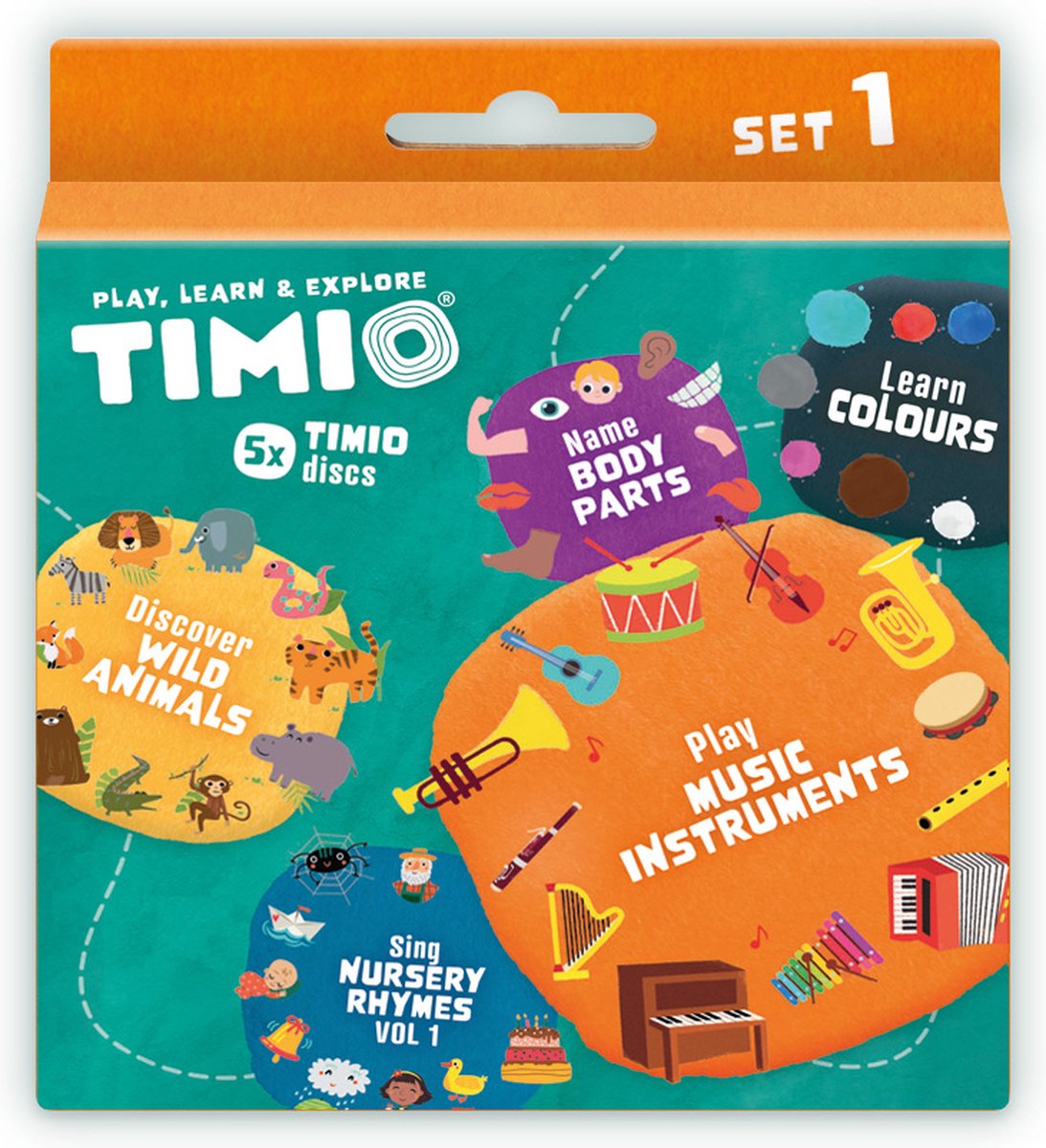 TIMIO Disk Set # 1: 5 Audio-Discs voor de TIMIO Player | Leer Kleuren, Wilde Dieren, Muziekinstrumenten, 96 Kinderliedjes Vol. 1, Lichnaamsdelen | Alles in 8 Talen | Leerspeelgoed van 2 - 6 Jaar — afbeelding 8