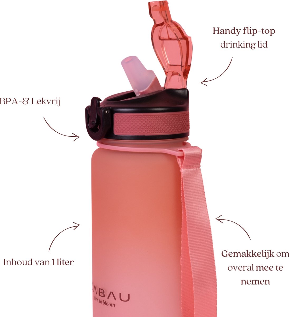 Cabau Bloom Soft Pink sportwaterfles (1l) - Stijlvolle drinkfles - ideaal voor sport, outdoor of kantoor - handige lekvrije drinktuit met klapdop en draagriempje BPA-vrij - Soft Pink