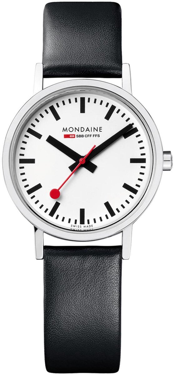 Mondaine A658.30323.11SBB Classic Dames Horloge - M658.30323.11SBB - Stationsklok - Mineraalglas - Roestvrijstaal/Leer - Wit/Zilver/Zwart - Ø 30 mm