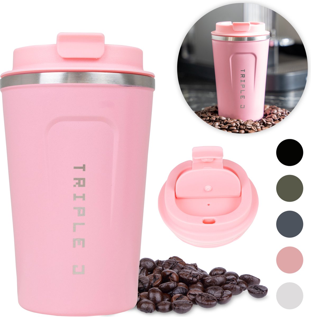Triple J® Koffiebeker To Go - Thermosbeker - BPA & Lekvrij - 380ml - Roze