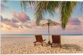 Vlag - Twee Ligbedden op het Strand met Palmboom - 60x40 cm Foto op Polyester Vlag