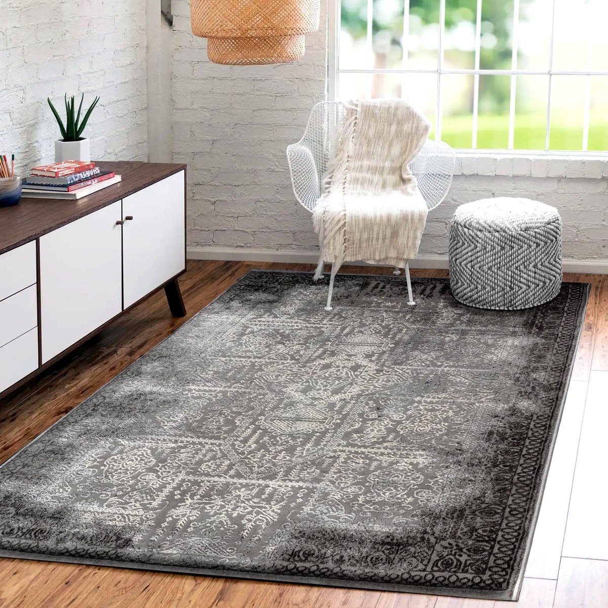 flycarpets Balos Vintage Geruit Vloerkleed - Grijs - 160x230 cm