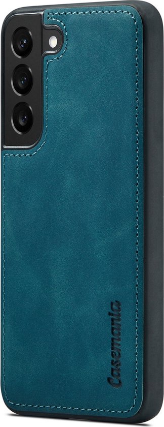 Groen boekhoesje voor telefoon, achterkant met cameralens uitsparing en 'Casemania' logo.