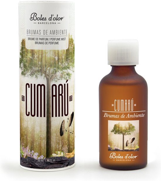 Boles d'olor Cumarú parfum mist met bruine fles en bedrukte ronde verpakking met een boom en vlinders.