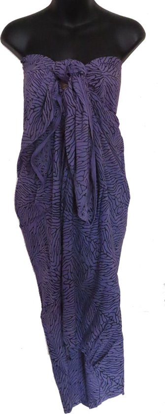 Sarong, pareo, hamamdoek, saunadoek, wikkeldoek exclusief, figuren lengte 115 cm breedte 180 kleuren paars donkerblauw tegen zwart aan.