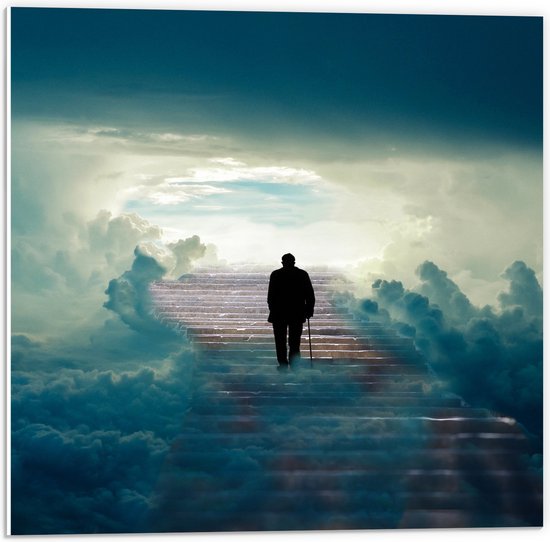 WallClassics - PVC Schuimplaat- Man lopend op Trap naar Wolken - 50x50 cm Foto op PVC Schuimplaat