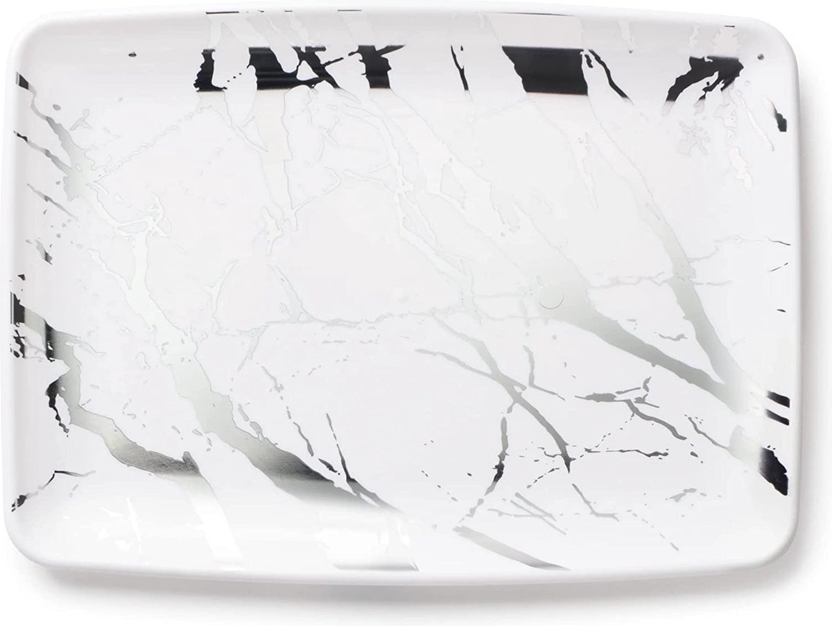 Decorline Serveerborden, set van 4 stuks, ovaal marmer, decoratief dienblad van stevige herbruikbare kunststof, opbergbak, serveerschalen en feestlatten, buffet, ovaal, 20 x 28 cm, wit/zilver