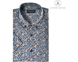 Chris Cayne heren overhemd - maat XL - kleur donkerblauw/oker - korte mouwen - geprint overhemd – overhemd met borstzak – herenkleding overhemd – herenmode