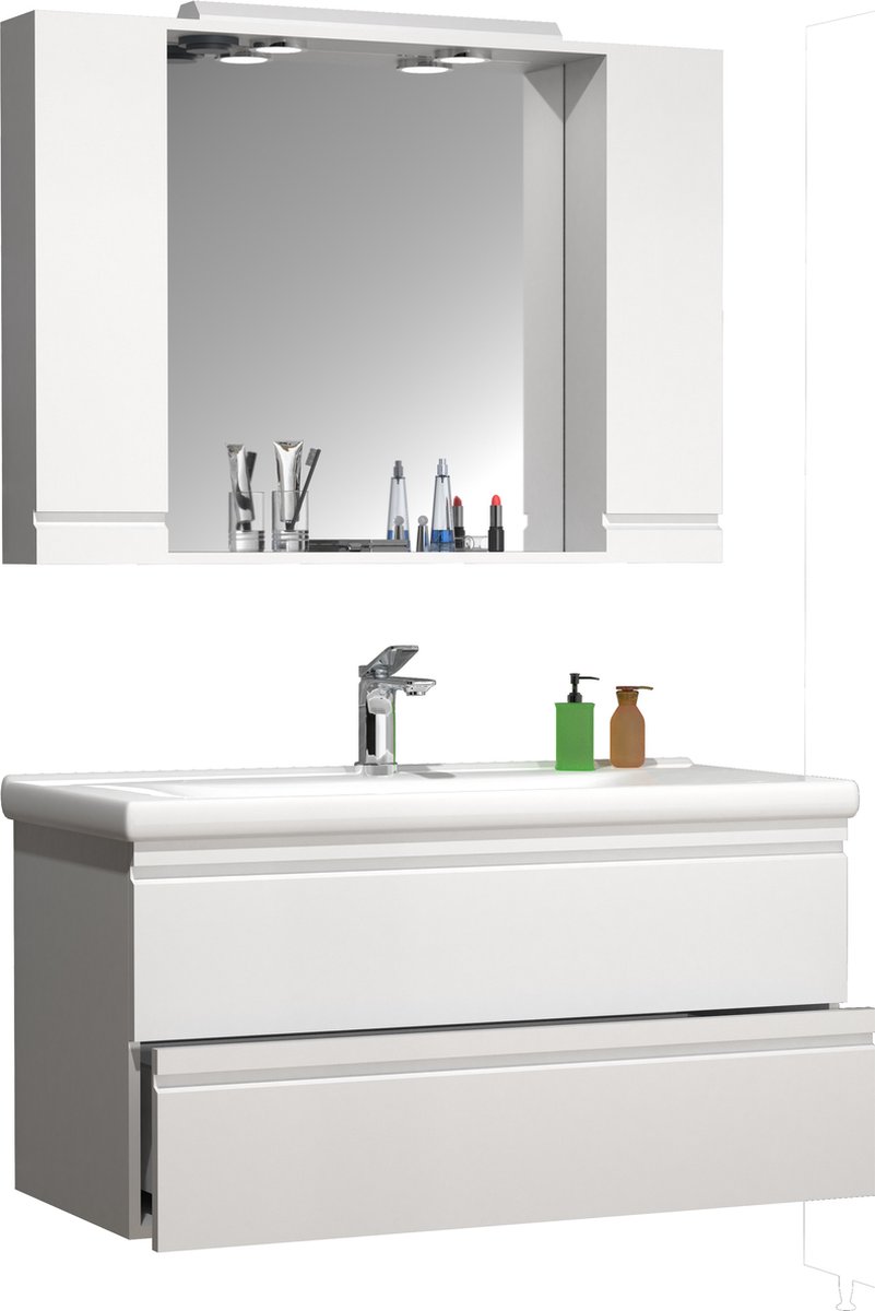 VCM 3-tlg. Waschplatz Waschtisch 100 cm Badmöbel Set Waschbecken grifflose Schublade Spiegelschrank Silora XL