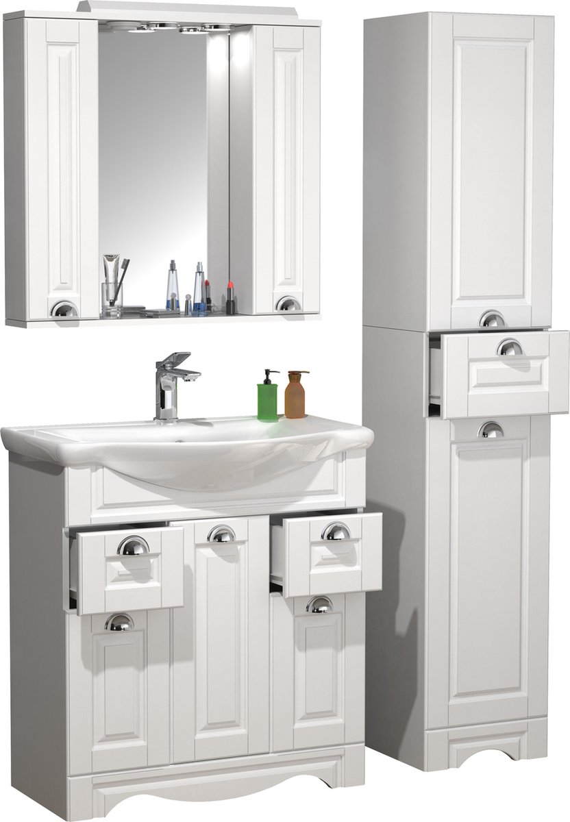 VCM 4-tlg. Waschplatz Waschtisch Breite 75 cm Badmöbel Set Waschbecken Spiegelschrank Hochschrank Schublade Landhaus Casalo XL