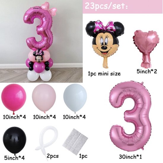 Minnie Mouse Verjaardag Ballonnen - Leeftijd: 3 Jaar - Kinderfeestje Thema MinnieMouse - Disney Mickey & Minnie Mouse - Feestpakket / Feestversiering - Verjaardag Versiering Disney Themafeest - Roze Ballonnen Set