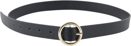 Zwarte riem met goudkleurige gesp, los op een witte achtergrond.