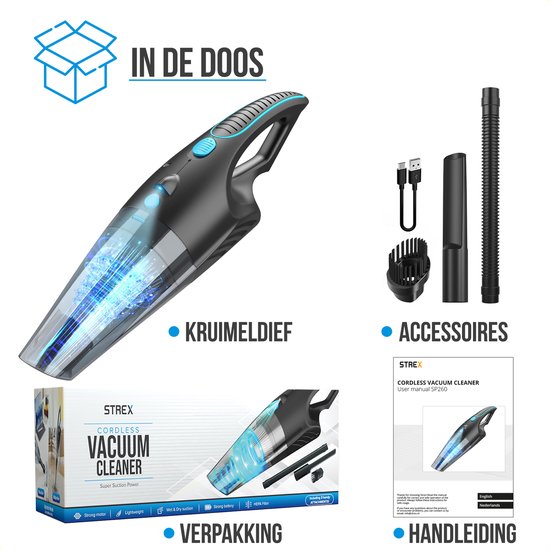 Strex Kruimeldief Draadloos & Snoerloos - Handstofzuiger voor Auto - Kruimelzuiger Nat & Droog - Mini Stofzuiger - 14000PA - HEPA Filter - LED Verlichting - Extra Krachtig - Autostofzuiger met Opzetstukken