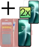 Hoes Geschikt voor OnePlus Nord 2T Hoesje Book Case Hoes Flip Cover Wallet Bookcase Met 2x Screenprotector - Rosé goud