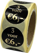 Reclame sticker - 3 voor €6 sticker - 250 Stuks - rond 25mm - korting sticker - promotie sticker - afprijs sticker - uitverkoop - aanbieding - goud - zwart - food sticker - reclame-etiket - voedseletiket - HACCP sticker