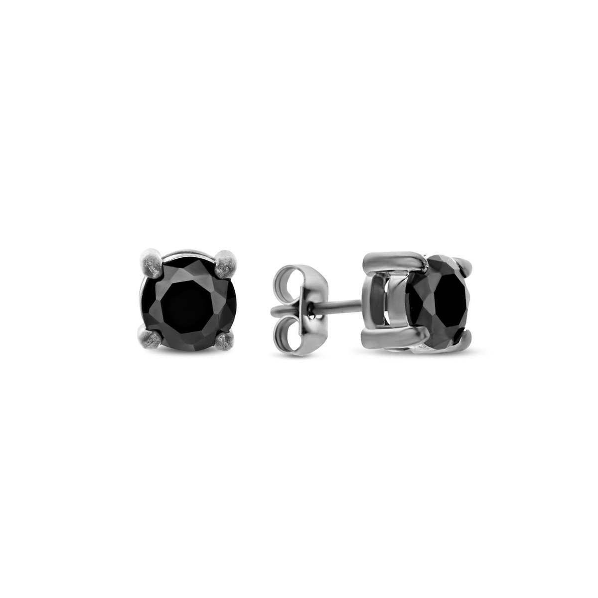 Frank 1967 7FE-0014 Stalen Oorknoppen met Zirkonia 6mm - Heren - Rond - Zwart - Vintage Staalkleurig