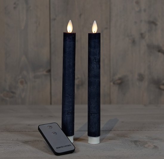 LED kaarsen met bewegende vlam 2x - Donkerblauw - Dark Blue - Afstandsbediening - Dinerkaars rustiek wax 23 cm - LED kaars batterij