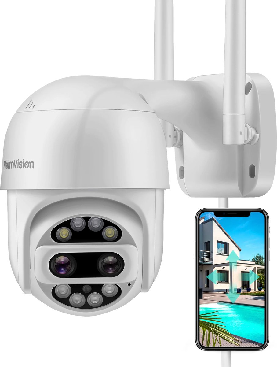 HeimVision Protect D1, Dome camera - 2x2MP Ultra HD Dual Lens, Pan/Tilt/12X Zoom, 360° View, Wi-Fi Wireless Camera with Floodlights, Color Nachtzicht, 2-Way Audio, Motion Detection, Weatherproof