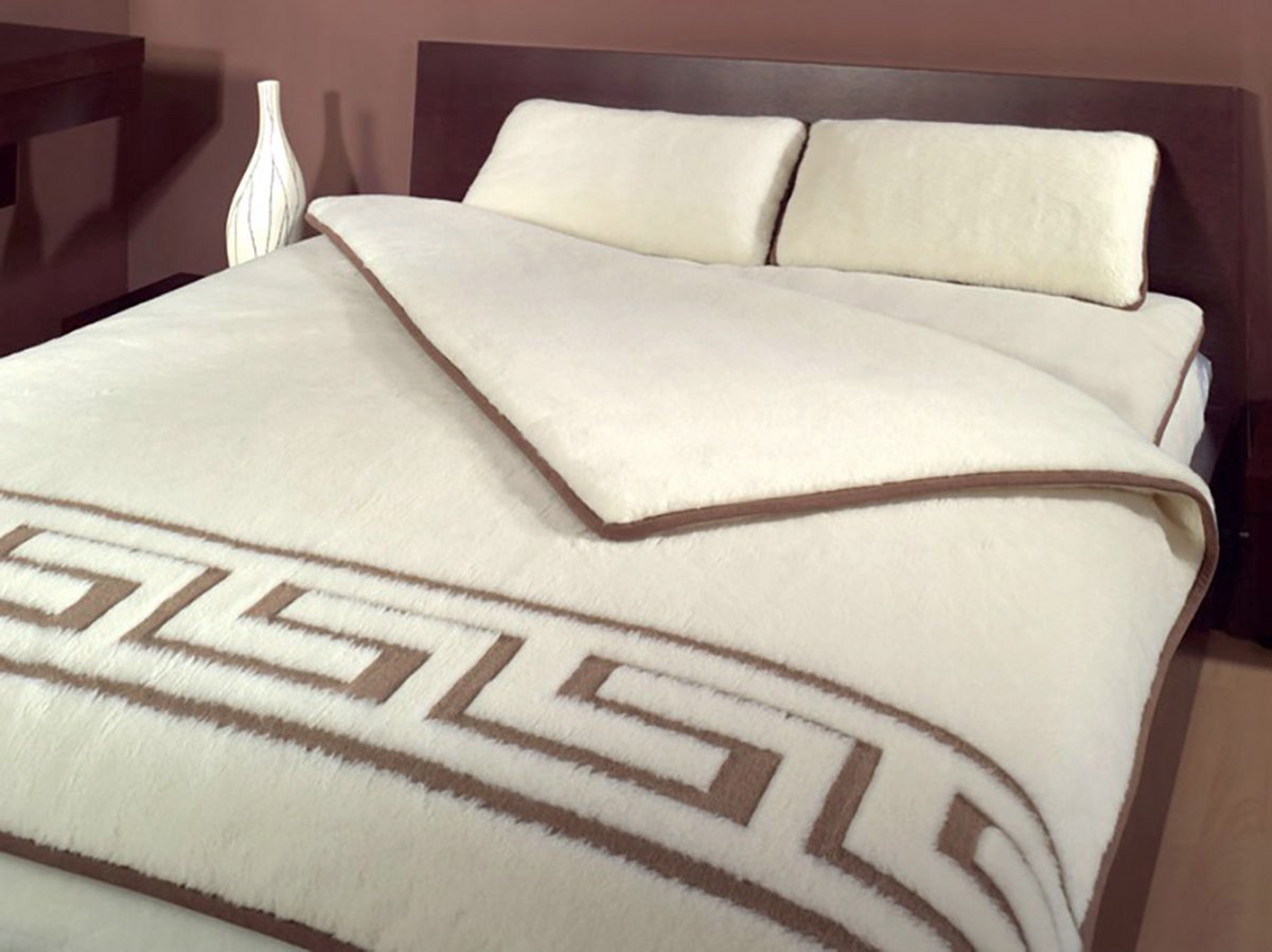 OnceDoce® Wollen Deken 200x220cm 100% zuivere Australische Merino scheerwol DUBBELE DIKTE 2x450 g/m² Woolmark certificaat – Crete Labyrinth - Wasbaar en antiallergisch - ZACHT en WARM Crème Bruin