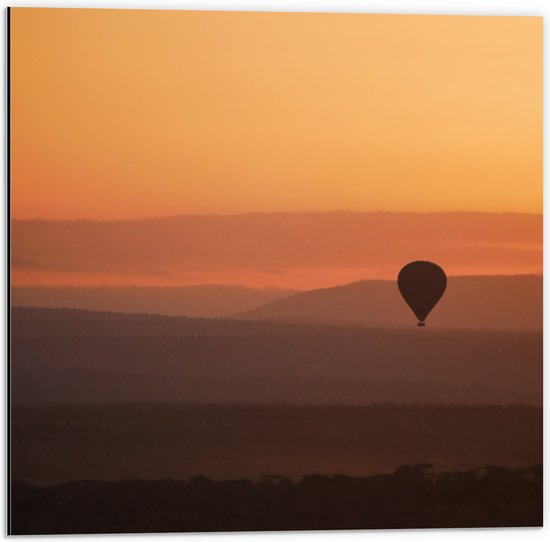 Dibond - Luchtballon in de Lucht tijdens Zonsopkomst - 50x50 cm Foto op Aluminium (Met Ophangsysteem)