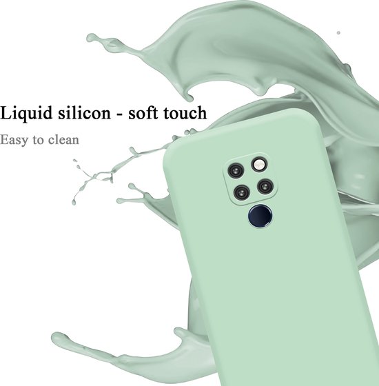 Lichtgroen telefoonhoesje van vloeibaar siliconen met een zachte afwerking, omringd door een groene vloeistof splash.