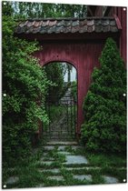 Tuinposter – Rode Poort Doorgang - 100x150 cm Foto op Tuinposter (wanddecoratie voor buiten en binnen)