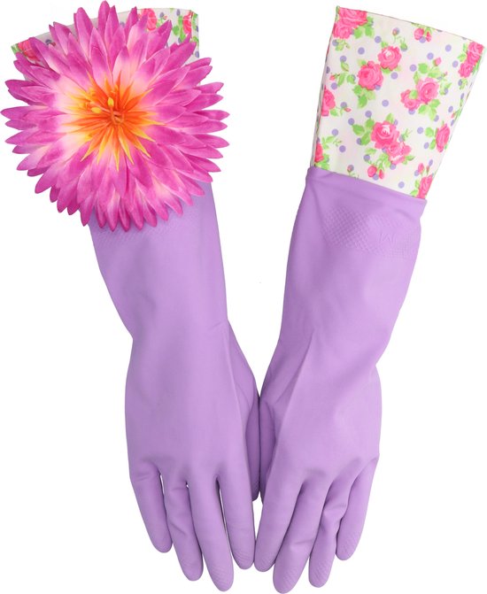 Huishoudhandschoen paars met bloem - medium - luxe gloves latex | bol.com