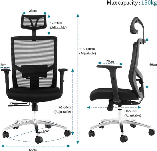 K IKIDO Ergonomische Bureaustoel - Bureaustoel voor volwassenen - Verstelbaar - Office Chair Ergonomisch - - Gamingstoel - Zwart